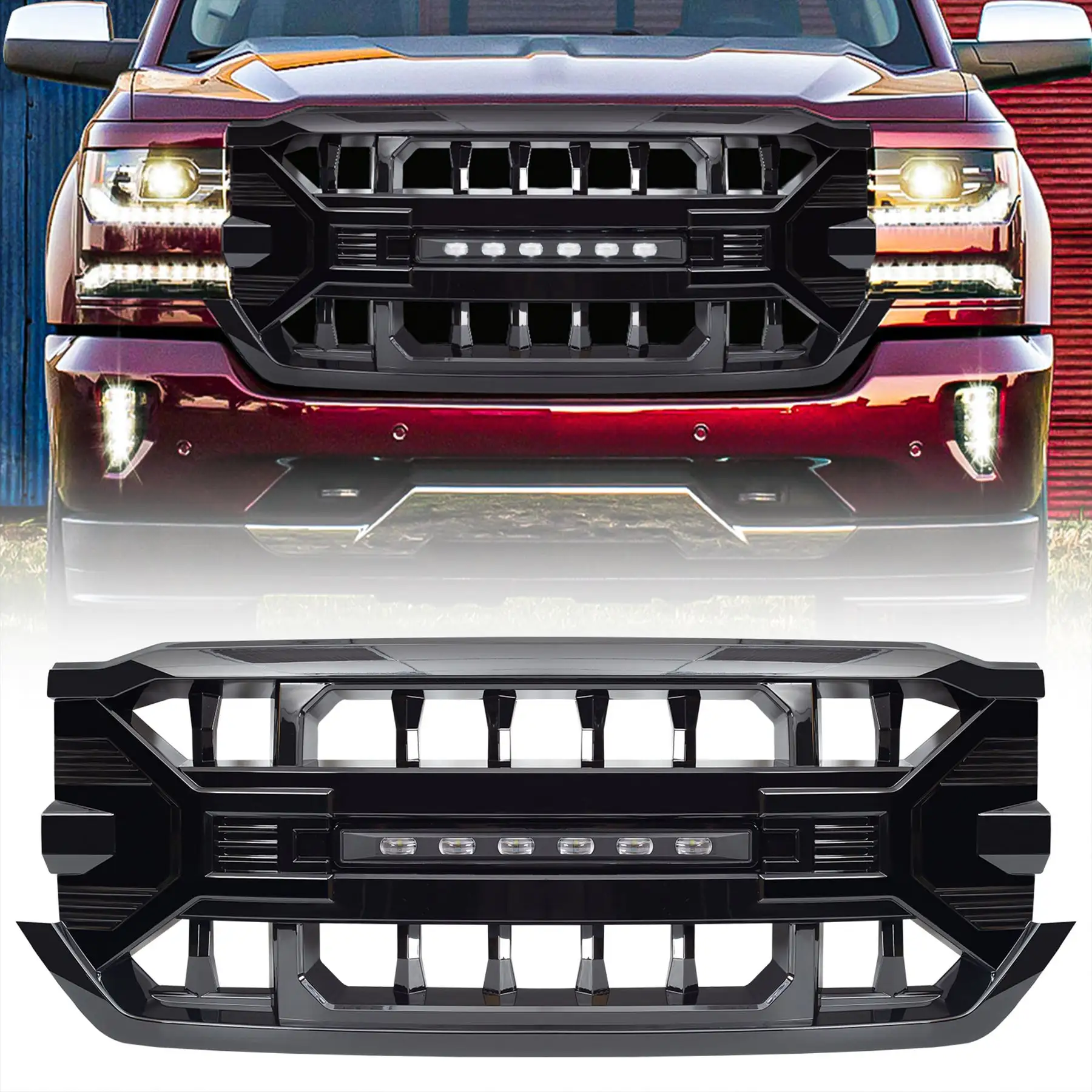 AMERICAN MODIFIED Armor Grille for 2016-2019 Chevy Silverado 1500, Glossy Black