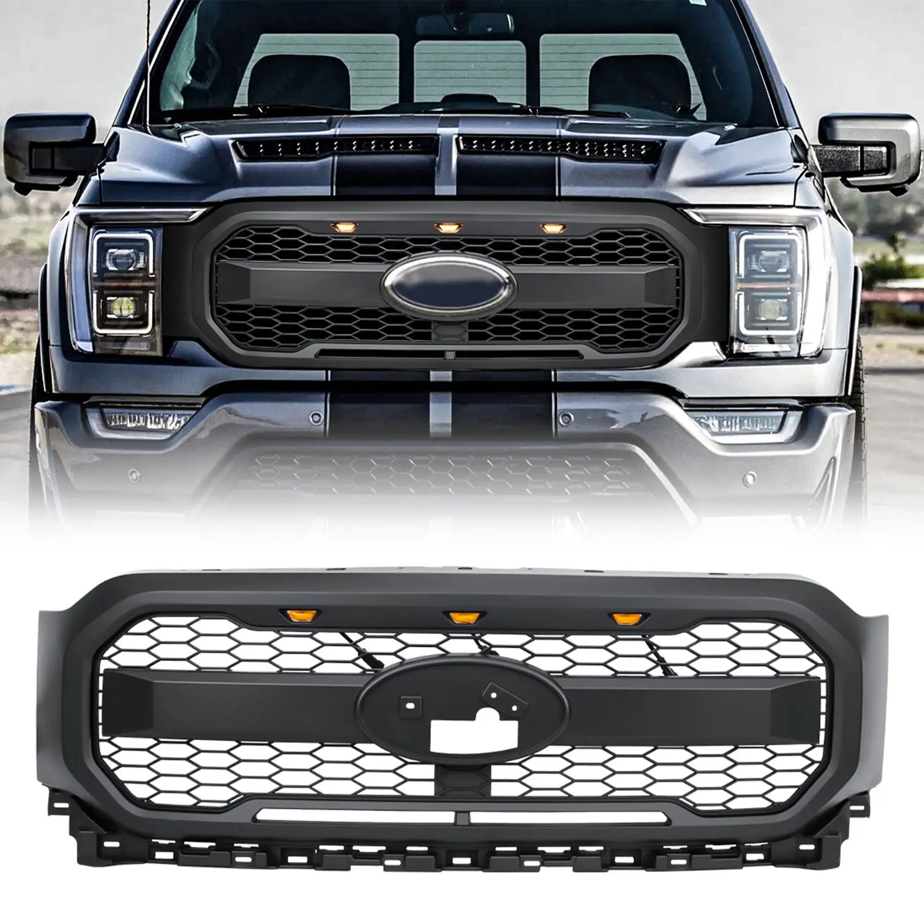 AMERICAN MODIFIED Raptor Style Mesh Grill for 2021-2023 Ford F150, Matte Black