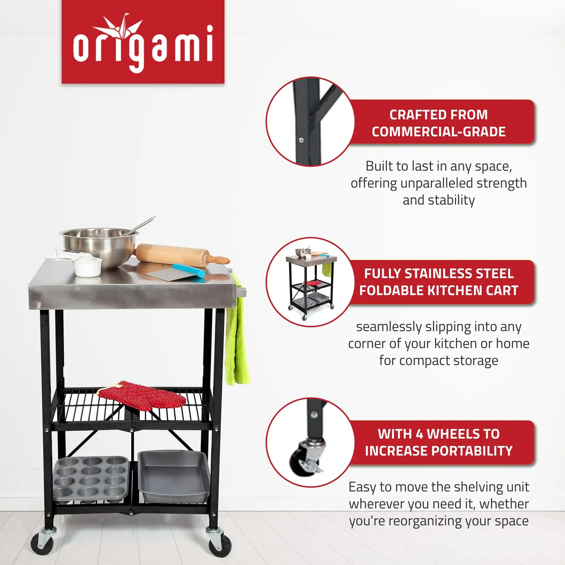 Origami RBT Fully Stainless Steel Foldable Kitchen Cart with 4 Wheels, Black