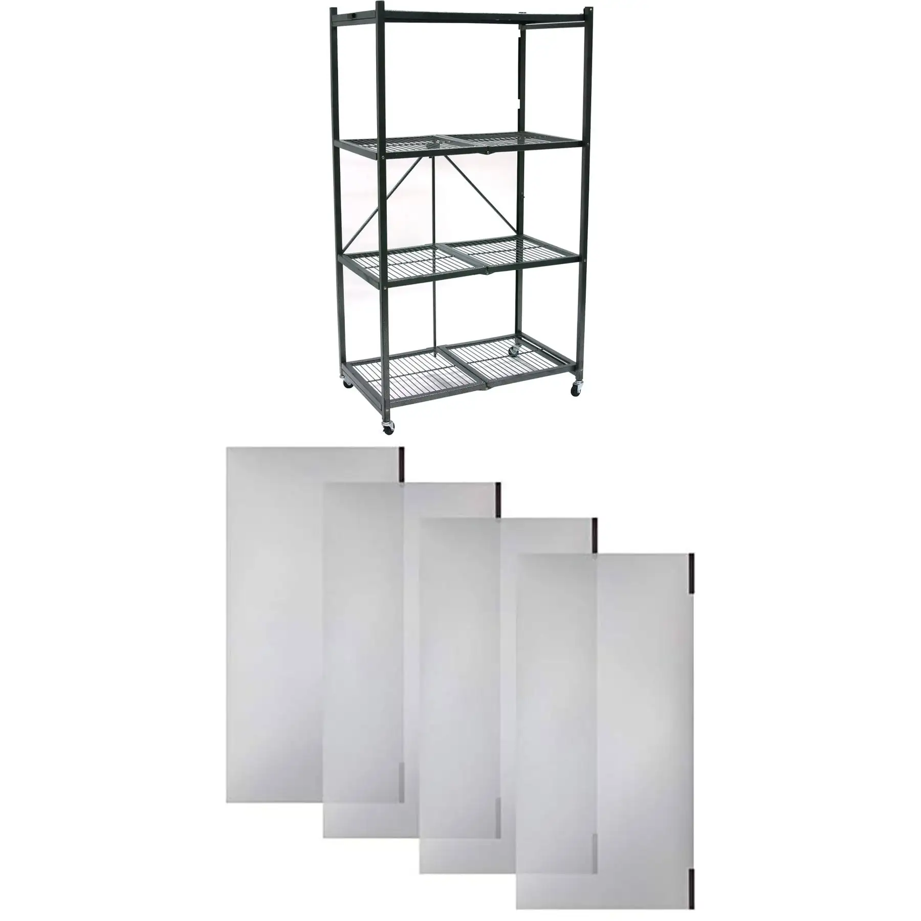 Origami 4 Tier Folding Storage Rack w/ Set of 4 Magnetic Wire Shelf Liners, Gray