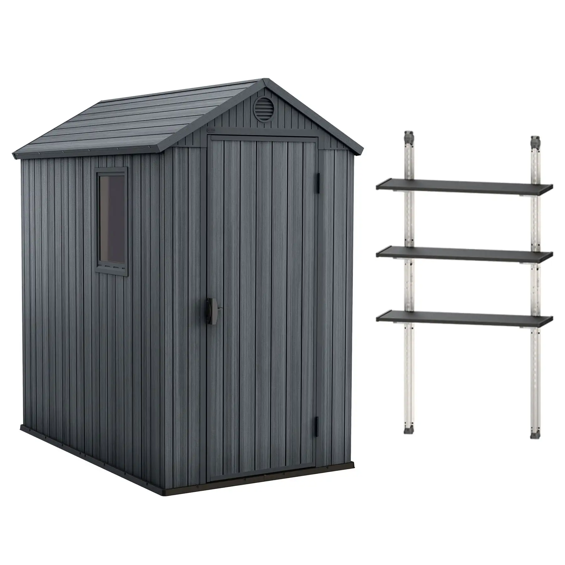 Keter Darwin 4 x 6 Foot Outdoor Garden Storage Shed with 40 Inch Steel Shelf Kit