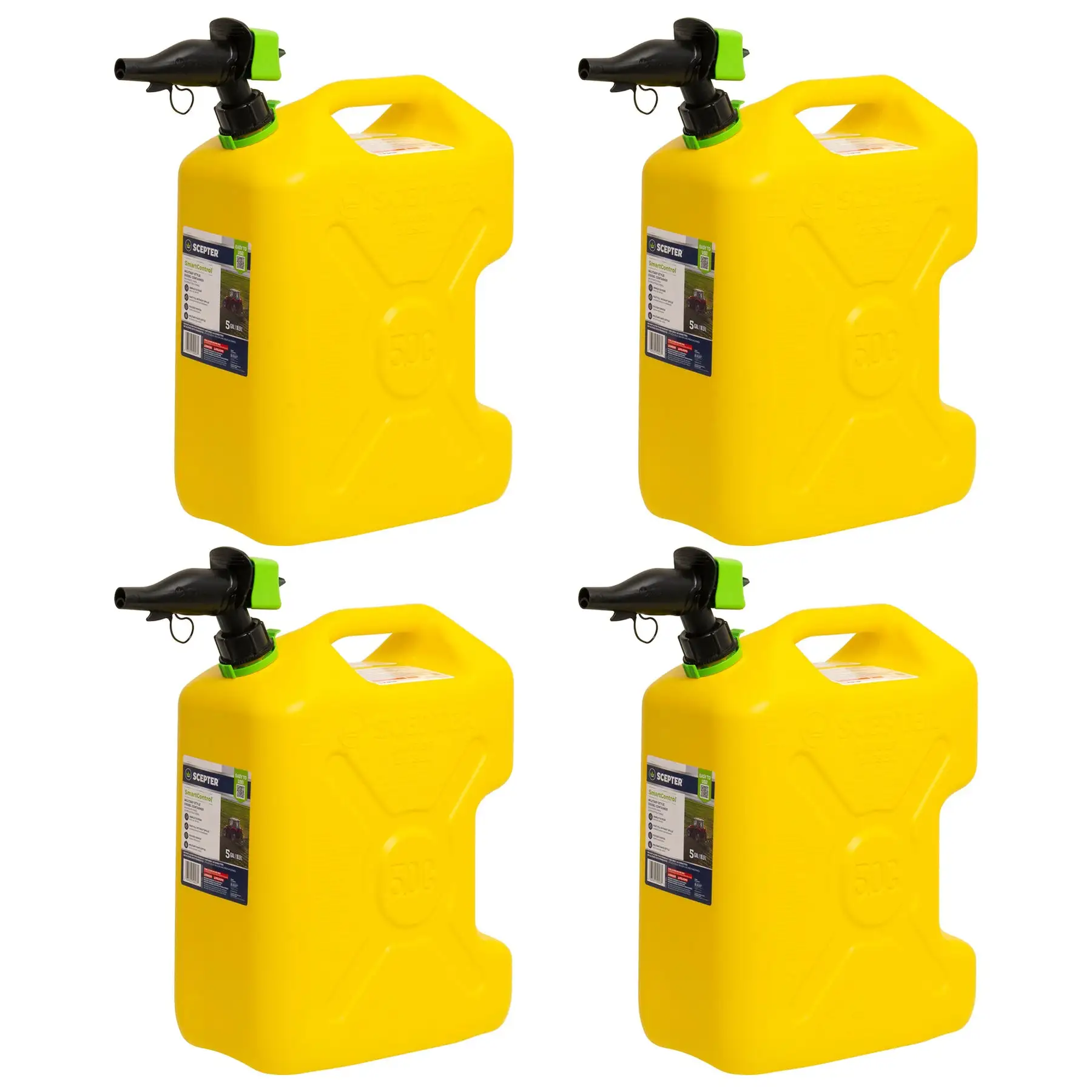 Scepter SmartControl Dual Handle Diesel Gas Container Jug, 5 Gal, 4 Pack, Yellow