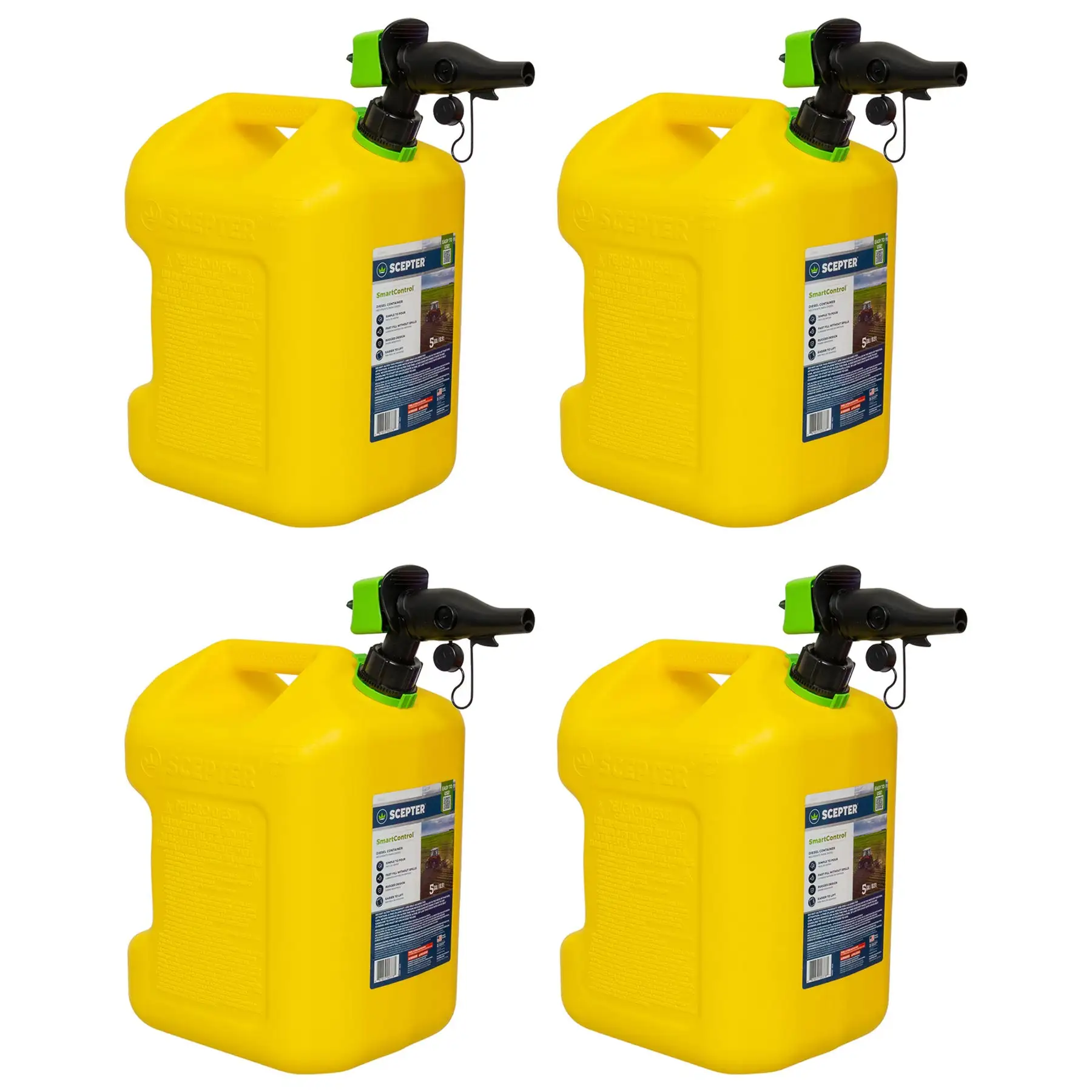 Scepter SmartControl Rear Handle Diesel Gas Jug, 5 Gal/18.9L, 4 Pack, Yellow