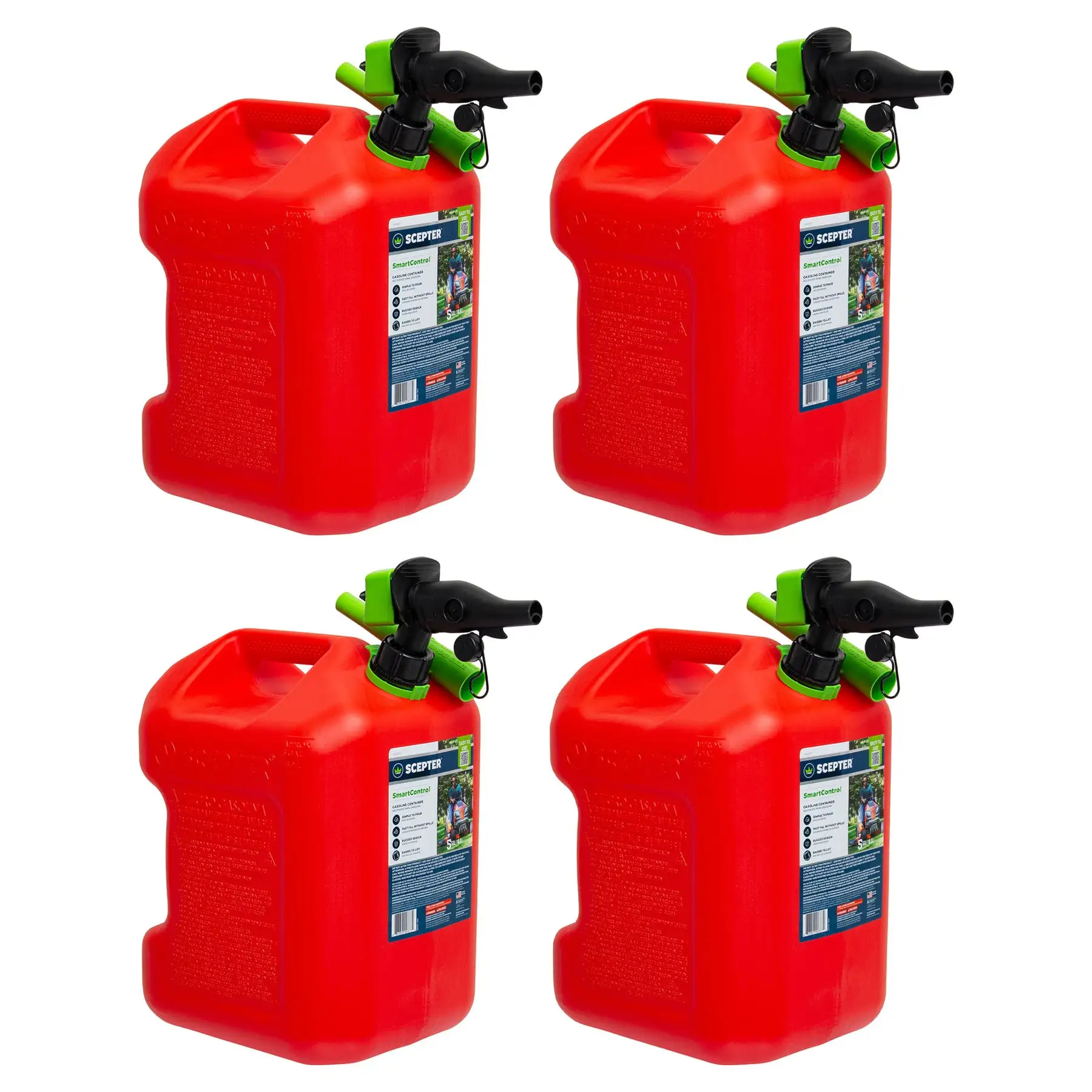 Scepter SmartControl Dual Handle 5 Gal Gasoline Can Jug with Funnel, 4 Pack, Red