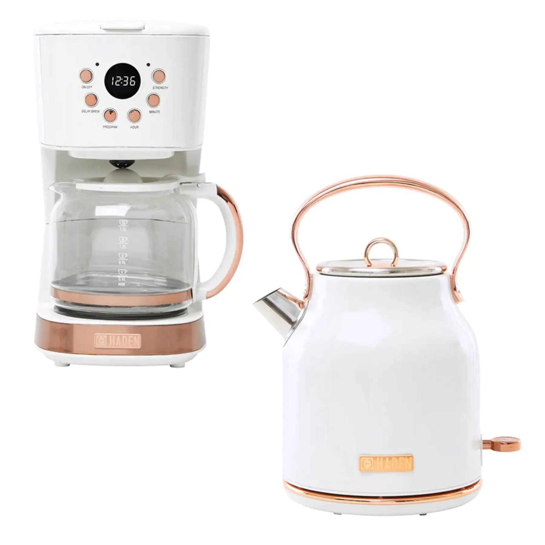 Haden Heritage 12 Cup Coffee Maker & 1.7 Liter Electric Kettle, Ivory & Copper