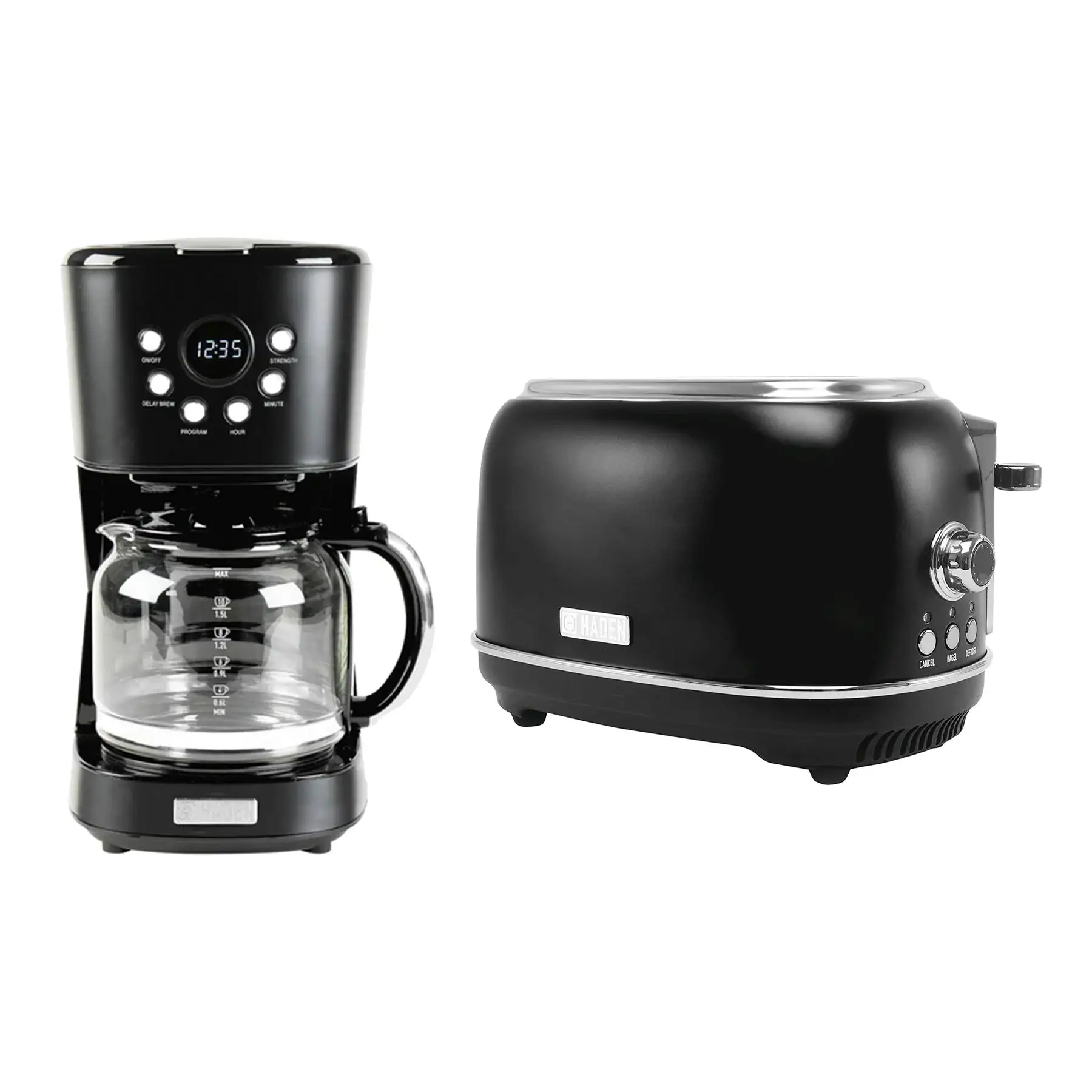 Haden Heritage 12 Cup Coffee Maker & 2 Slice Wide Slot Toaster, Black & Chrome