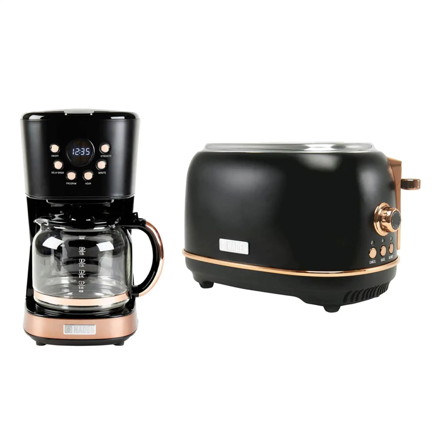 Haden Heritage 2 Slice Wide Slot Toaster & 12 Cup Coffee Maker, Black & Copper