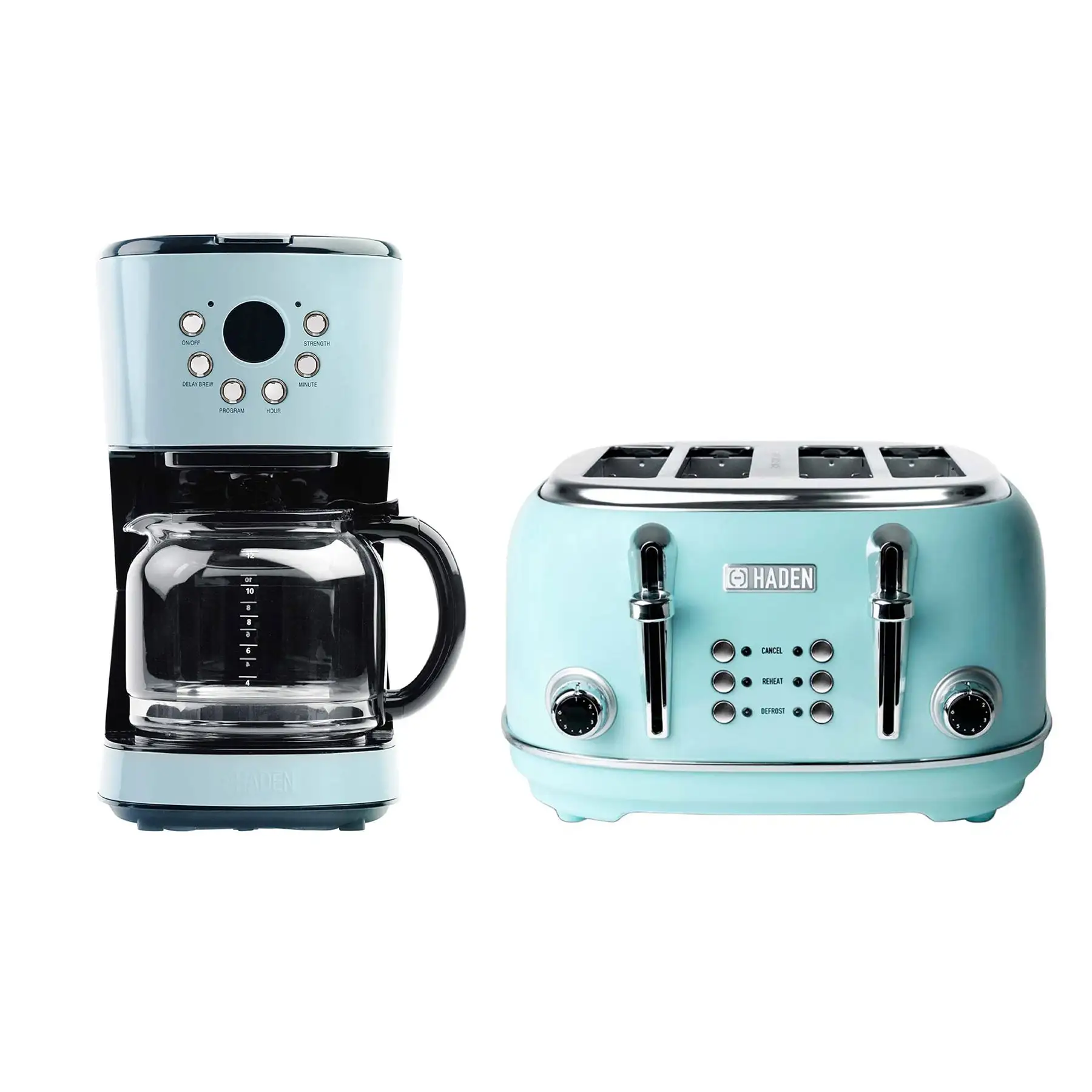 Haden Heritage Coffee Maker & 4 Slice Wide Slot Toaster, Turquoise & Chrome