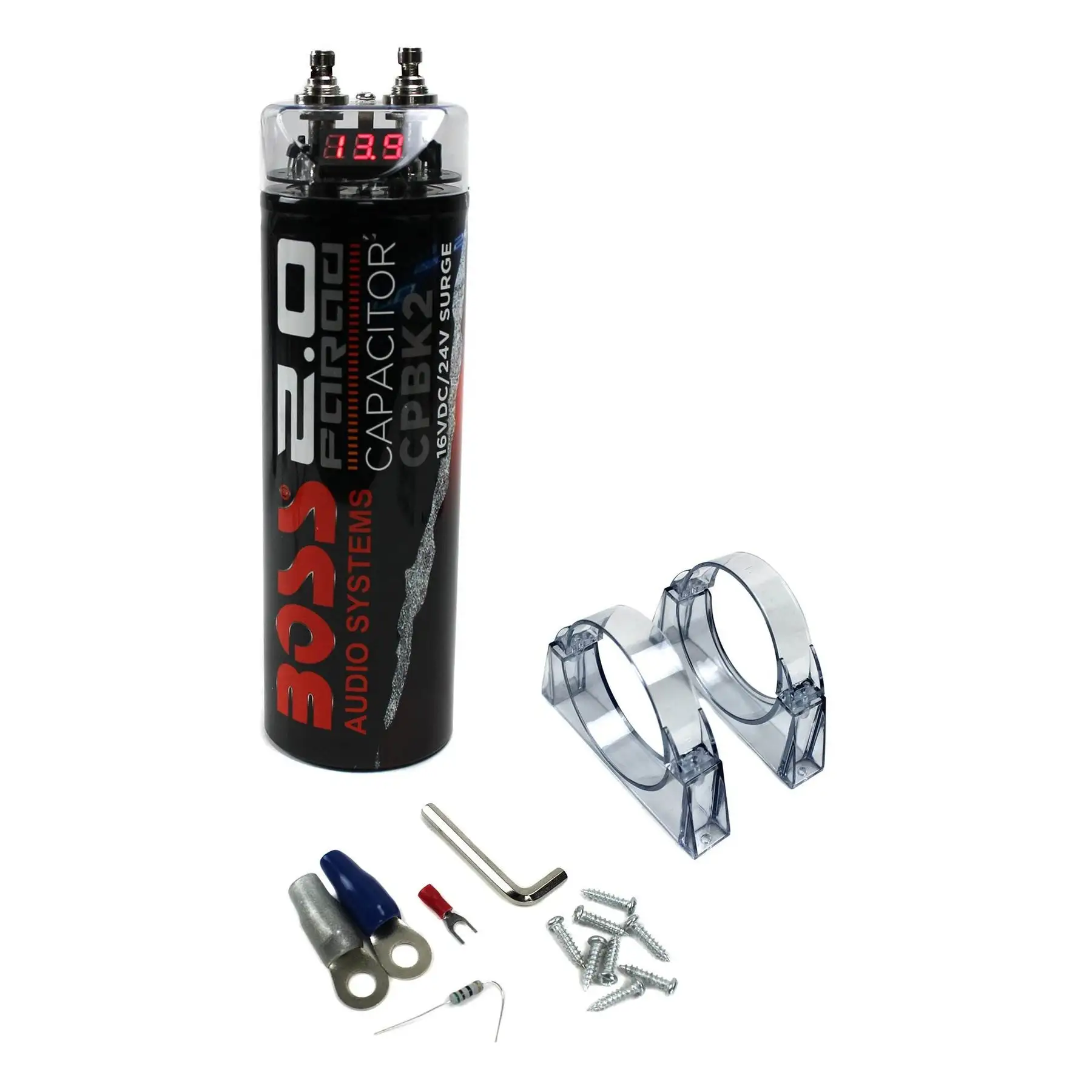 Boss Audio CPBK2 2 Farad 20-Volt Digital Voltage Car Audio Power Capacitor, LED