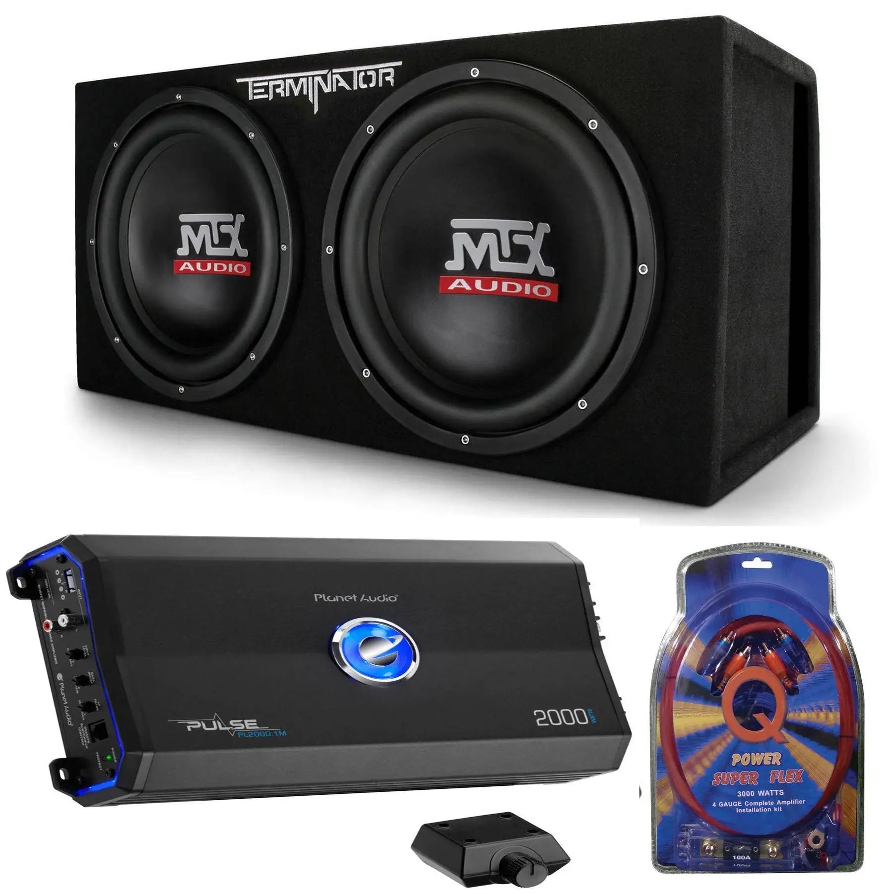 MTX TNE212D 12" 1200W Dual Loaded Car Subwoofers Box & Planet 2000W Amp with Kit