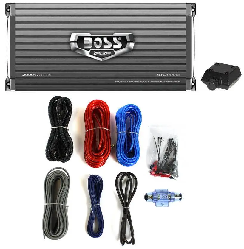 Boss Audio AR2000M 2000W MONO A/B Car Amplifier Remote & 8 Gauge Amp Install Kit