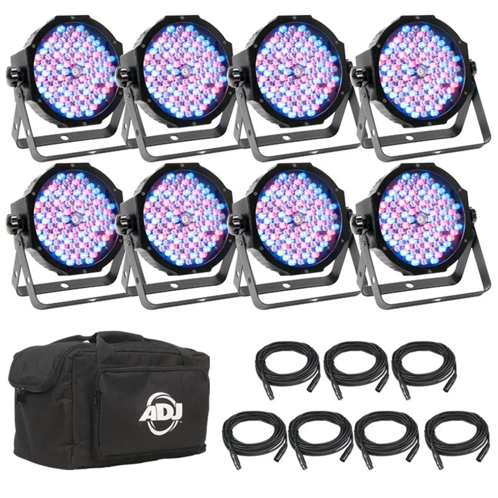 American DJ Mega Flat Pak 8 Plus RGB+UV LED Par Profile System, Bag, and Cables