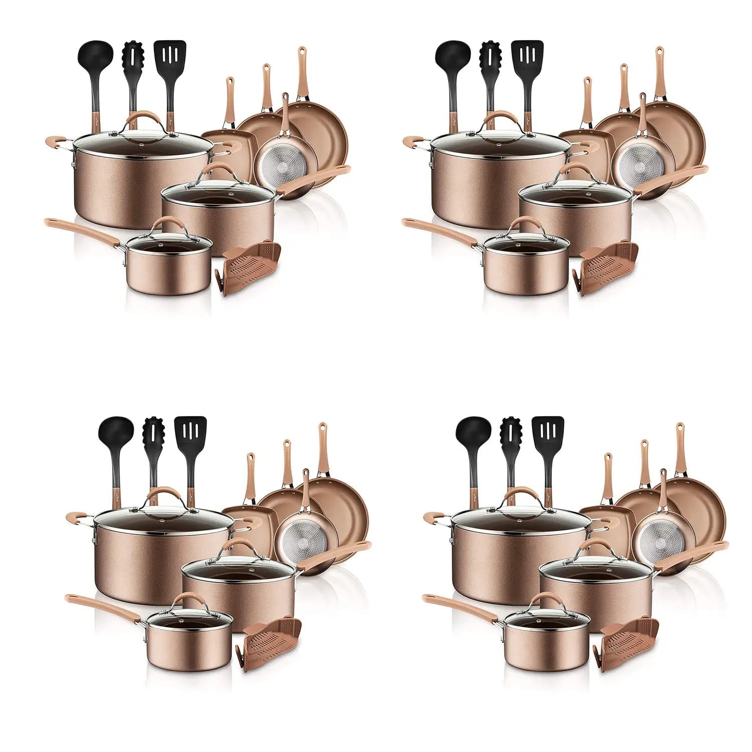 NutriChef Nonstick Kitchen Cookware Pots and Pans, 14 Piece Set, Bronze (4 Pack)