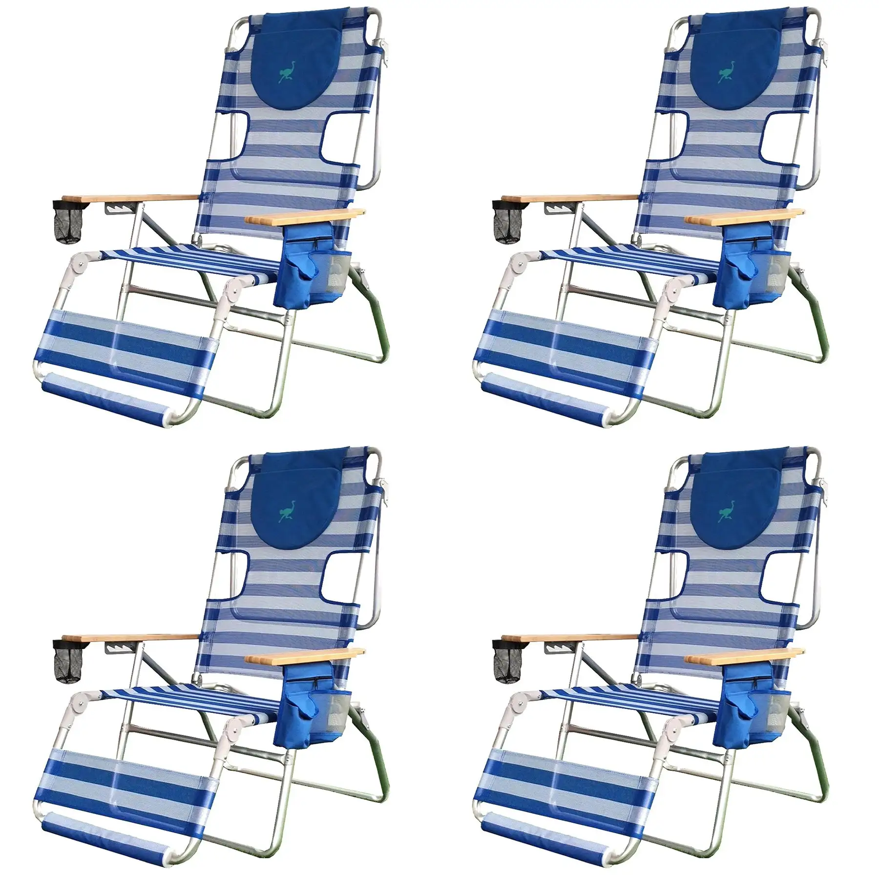 Ostrich 3-N-1 Altitude Outdoor Reclining Patio Beach Lounge Chair, Blue (4 Pack)