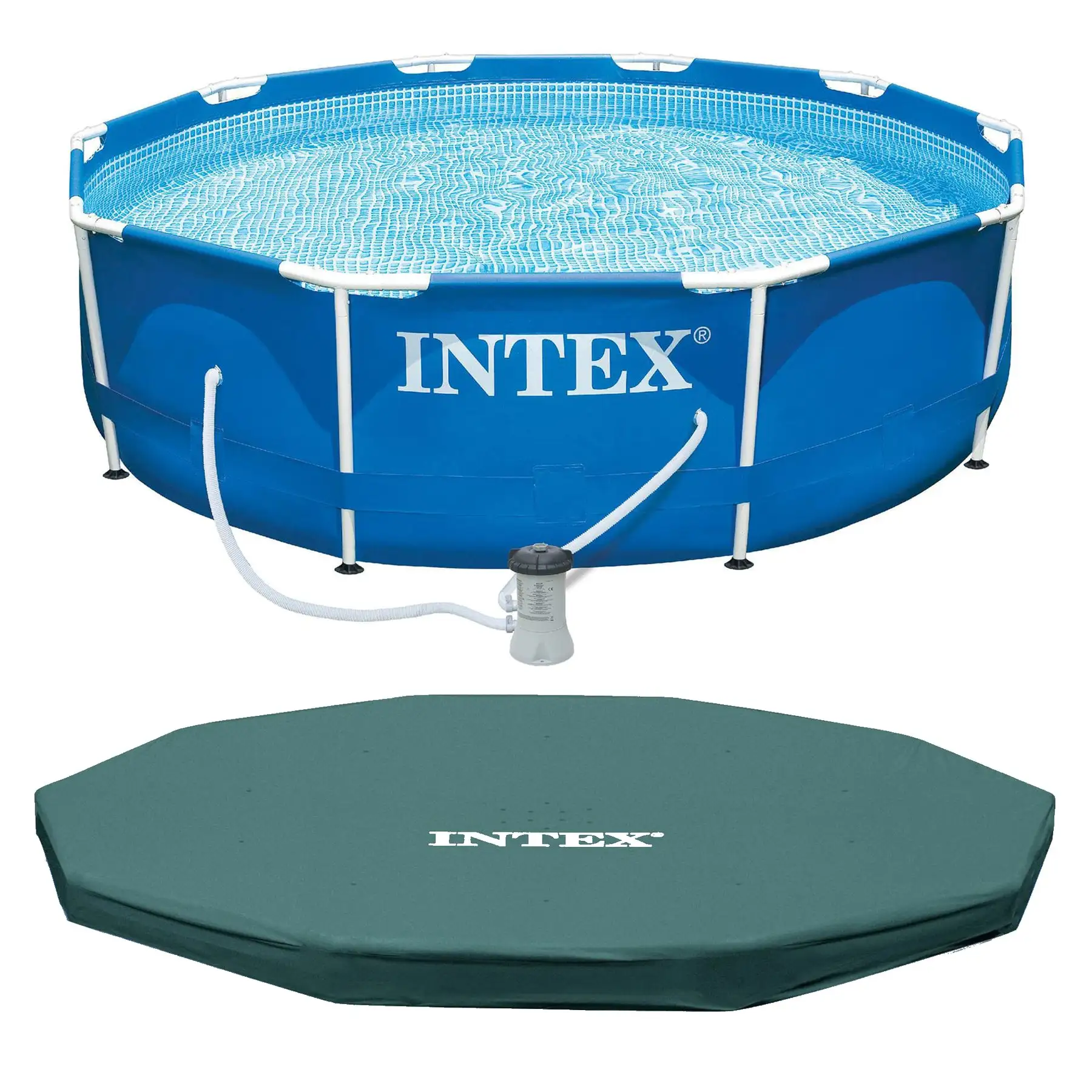 INTEX Metal Frame 10' x 30" Outdoor Swimming Pool with Filter Pump and Cover