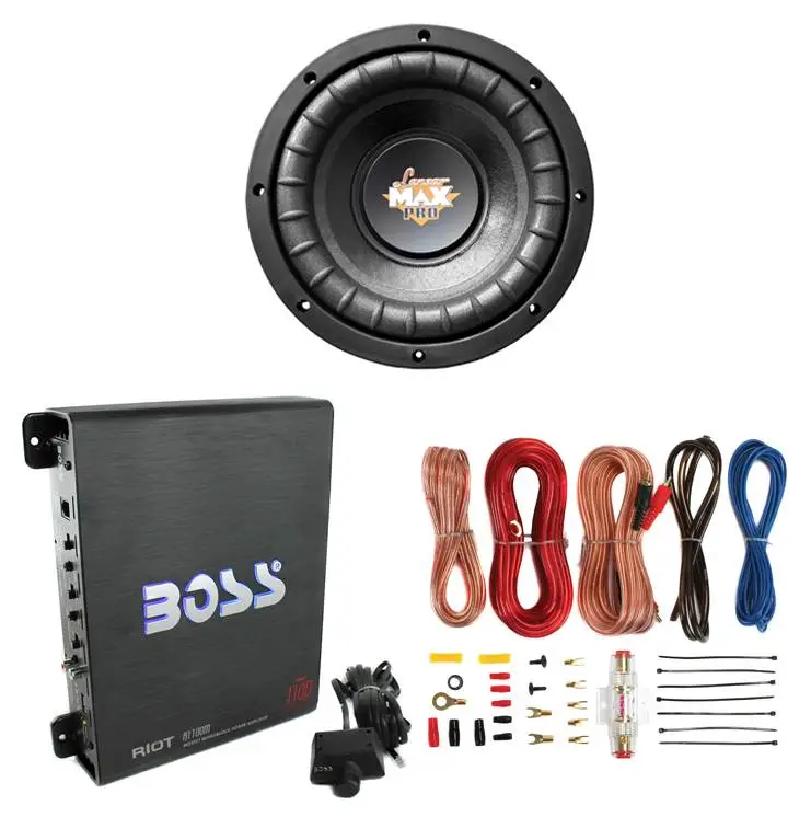 Lanzar 8" 800W Power Car Subwoofer and Boss R1100M 1100W Mono Amp w/ Amp Kit