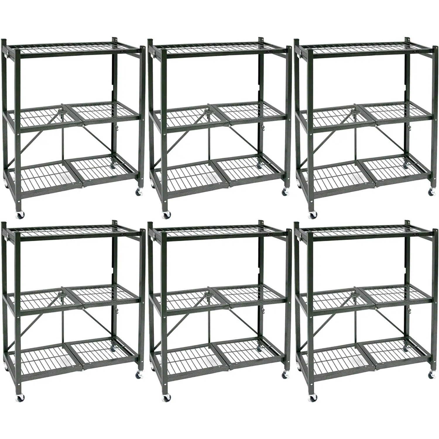 Origami R3 Foldable 3-Tiered Shelf Storage Rack & Wheels, Pewter (6 Pack)