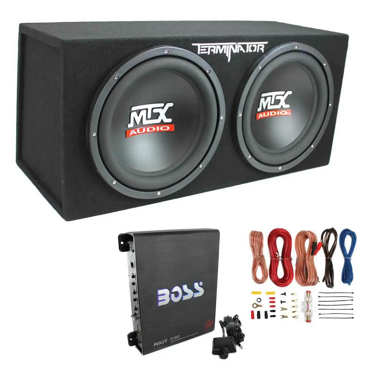 MTX TNE212D 12" 1200W Dual Loaded Car Subwoofer and Boss 1100W Amplifier w/ Kit