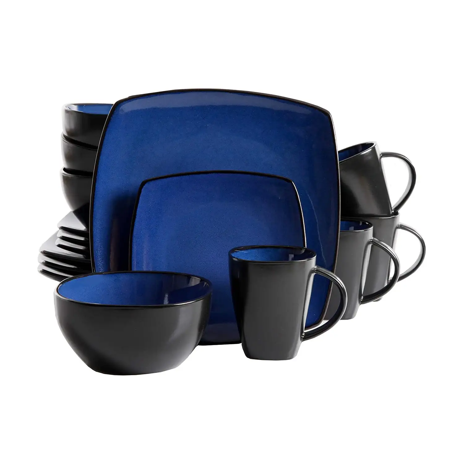 Gibson Elite Soho Lounge 16 Piece Plates, Bowls, & Mugs Dinnerware Set, Blue