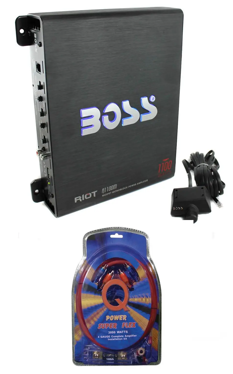 BOSS AUDIO Riot R1100M Mono Car Amp Amplifier plus Sub Bass Remote + Wiring Kit