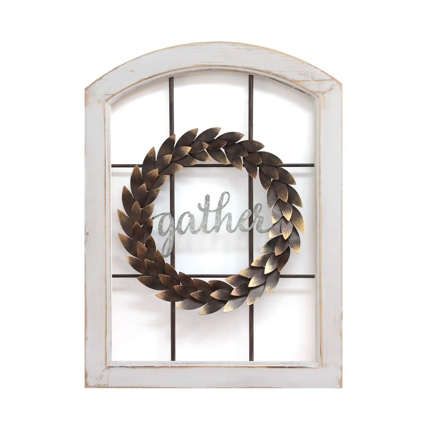 Stratton Home Decor Gather Bronze Wreath Window Wall Decor, Distressed White