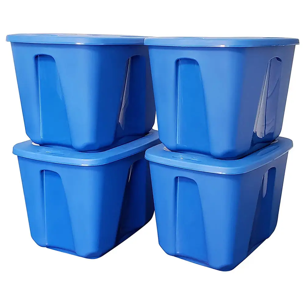 Homz 18 Gallon Standard Plastic Storage Container with Secure Lid, Blue, 4 Pack