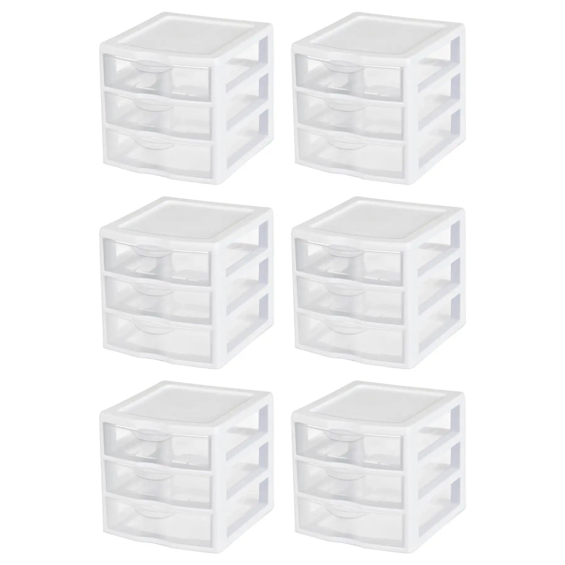 Sterilite ClearView Plastic Small 3 Drawer Desktop Storage Unit, White, 6 Pack