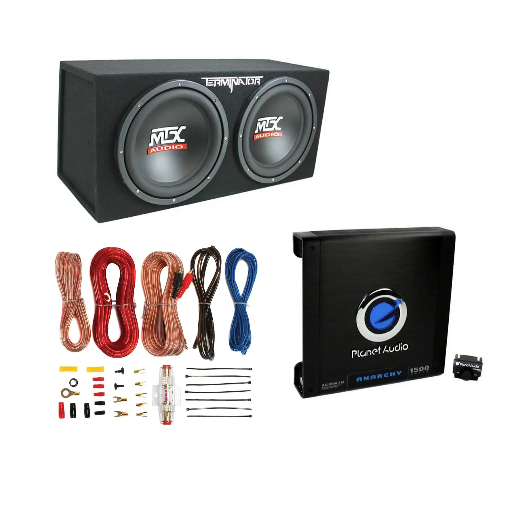 MTX TNE212D 12" 1200W Dual Loaded Car Subwoofers + Box + Planet 1500W Amp + Kit