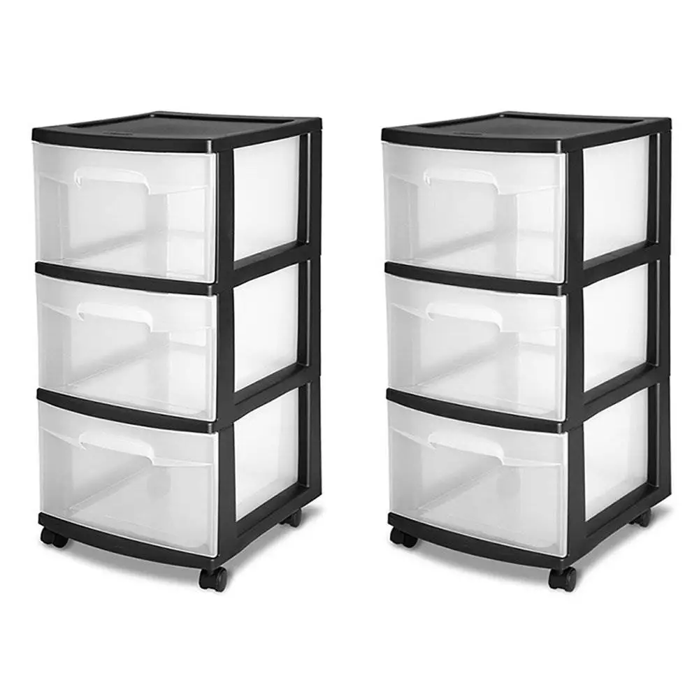 Sterilite 3-Drawer Plastic Rolling Storage Cart, Clear with Black Frame (2-Pack)