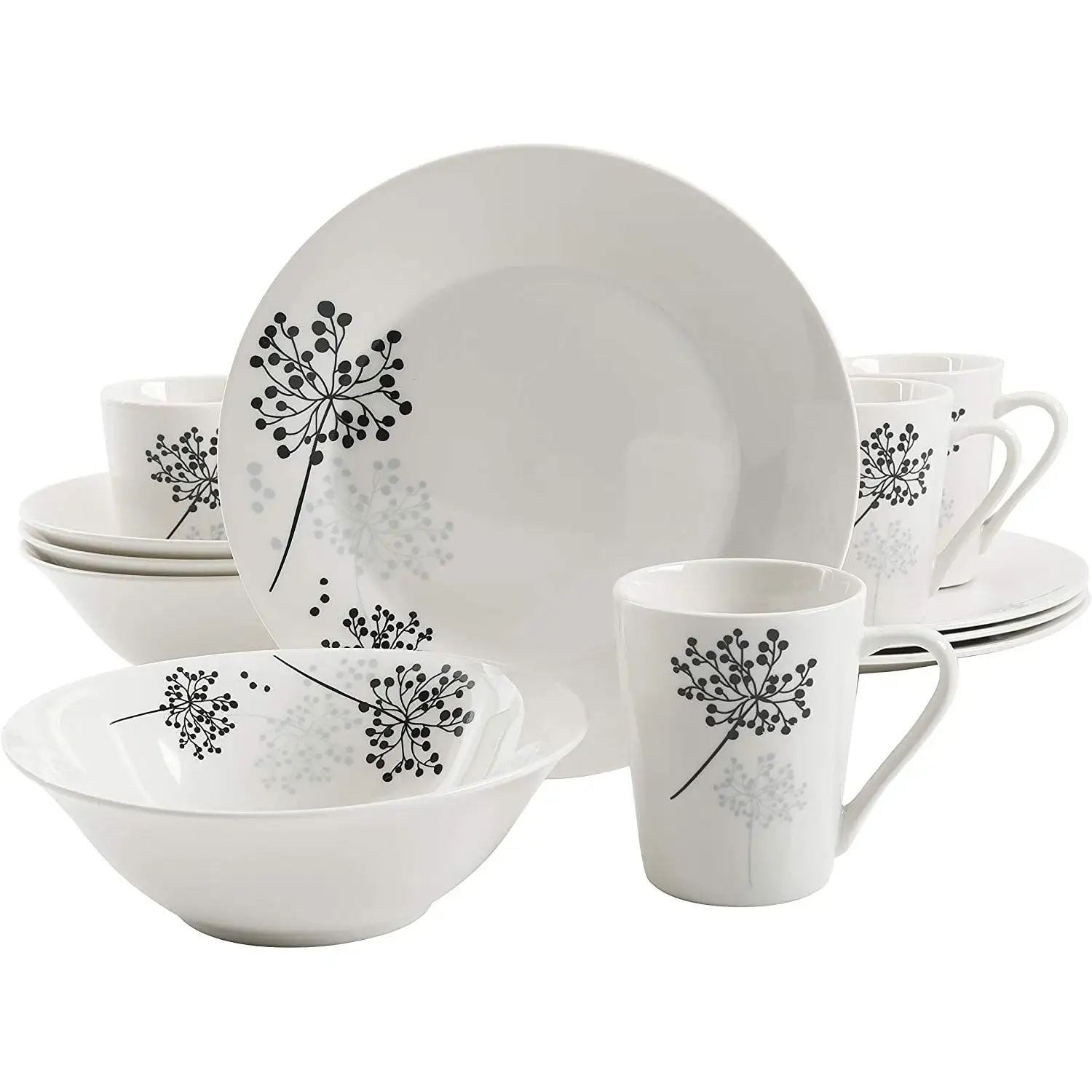 Gibson Netherwood 12 Piece Round Glaze Dinnerware Plates, Bowls, and Mugs, White