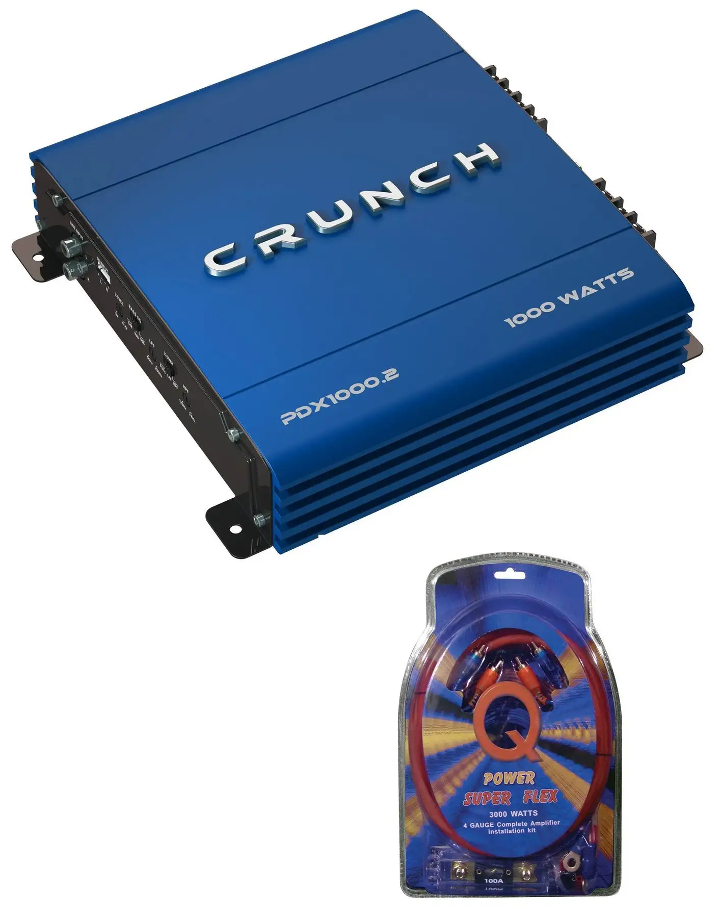 Crunch PowerDriveX 1000W 2 Channel Blue A/B Car Amplifier + 4-Gauge Wiring Kit