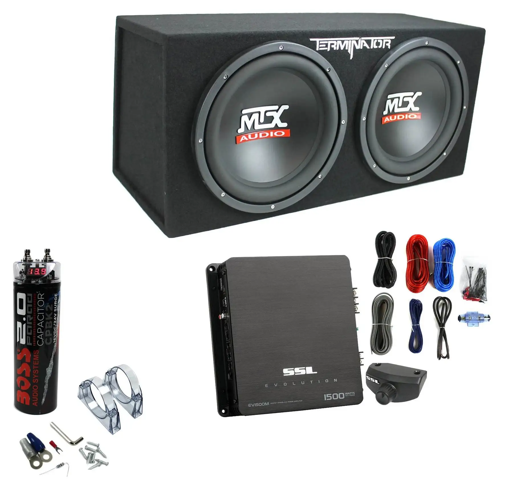 MTX TNE212D 12" 1200W Dual Loaded Subwoofer Box + 1500W Amp + Wiring + Capacitor