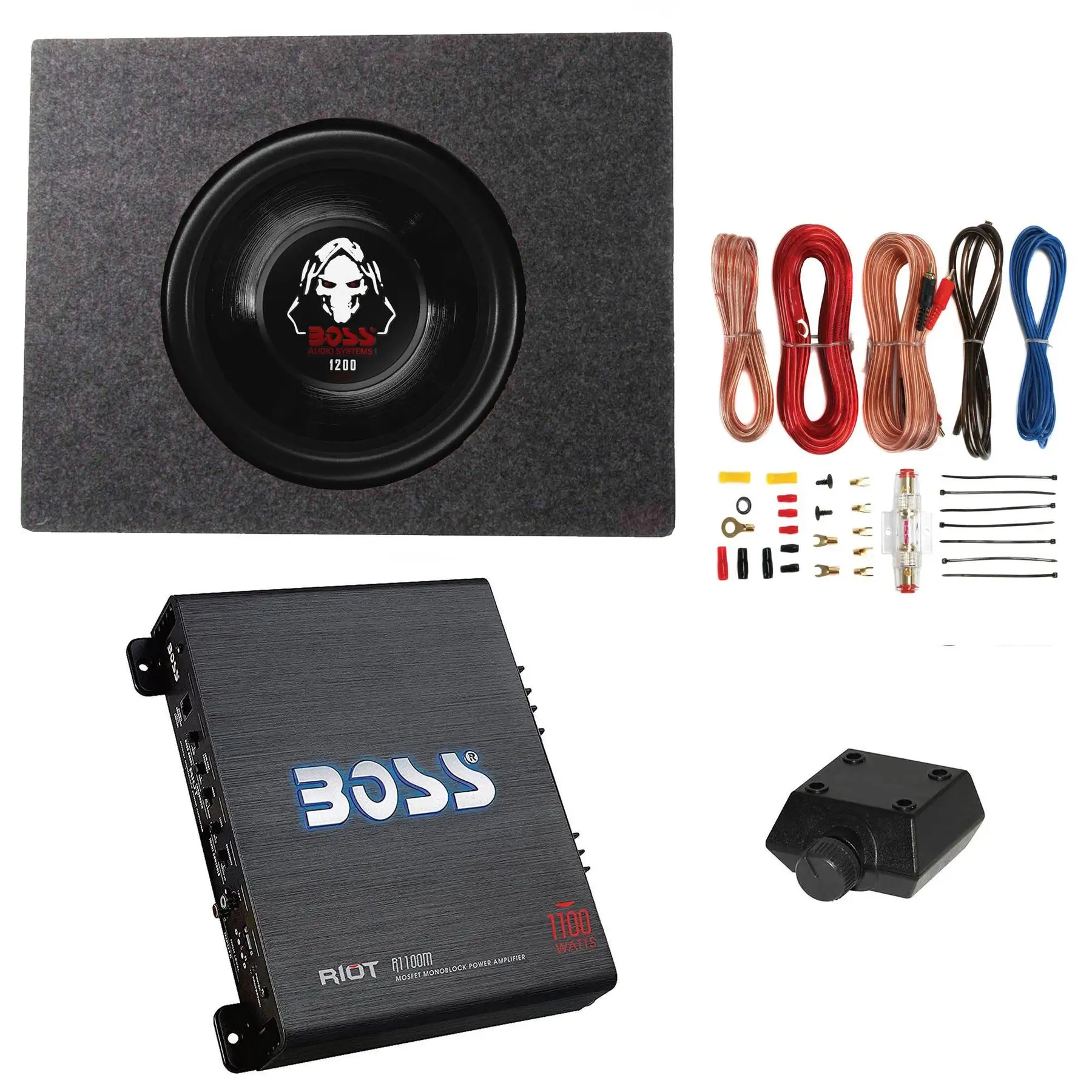 Boss 1200W Subwoofer, Q Power Truck Enclosure, 1100W Amplifier & Wires