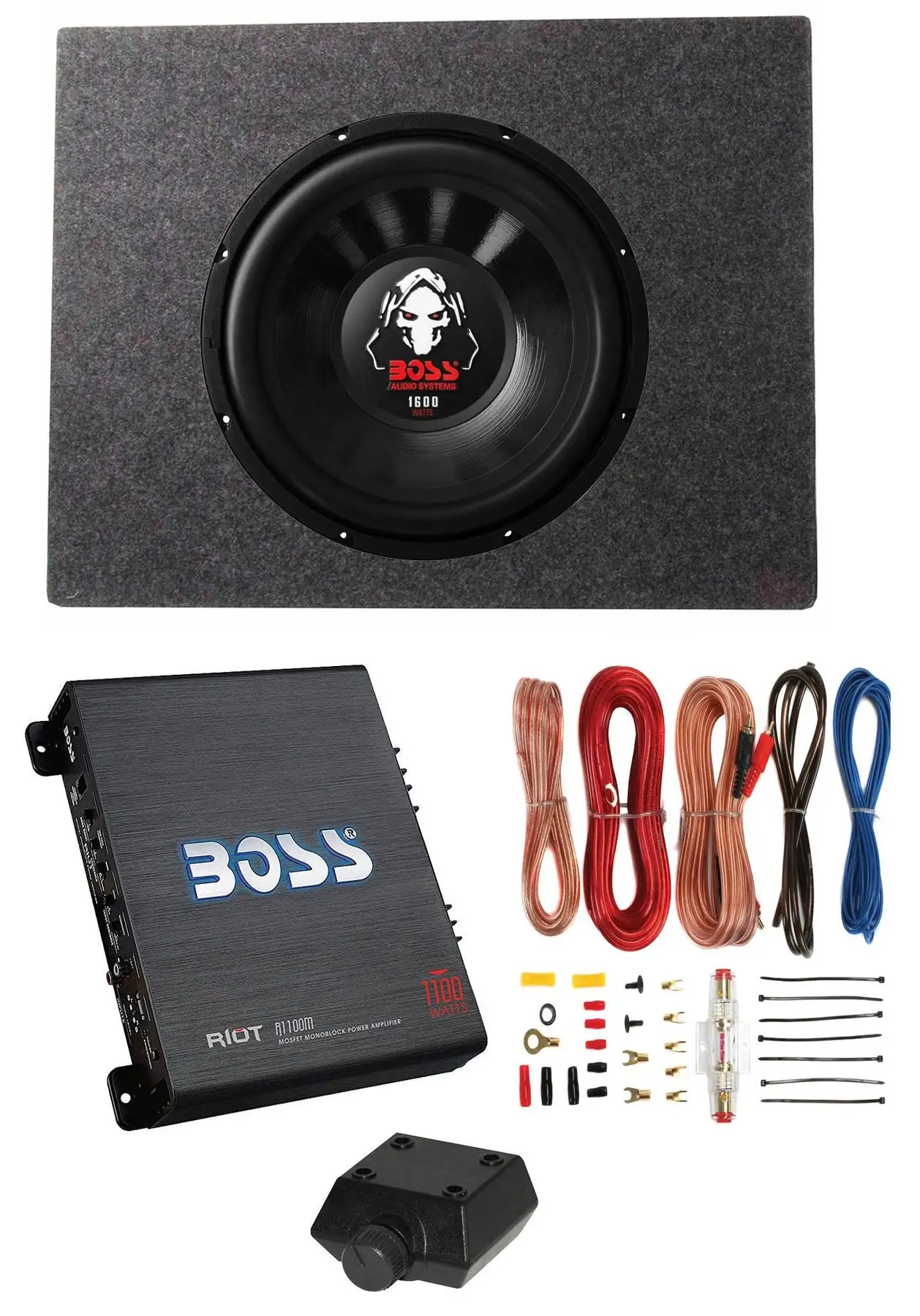 Boss Audio 12" 1600W 4 Ohm Subwoofer, Shallow Enclosure, Amplifier & Wire Kit