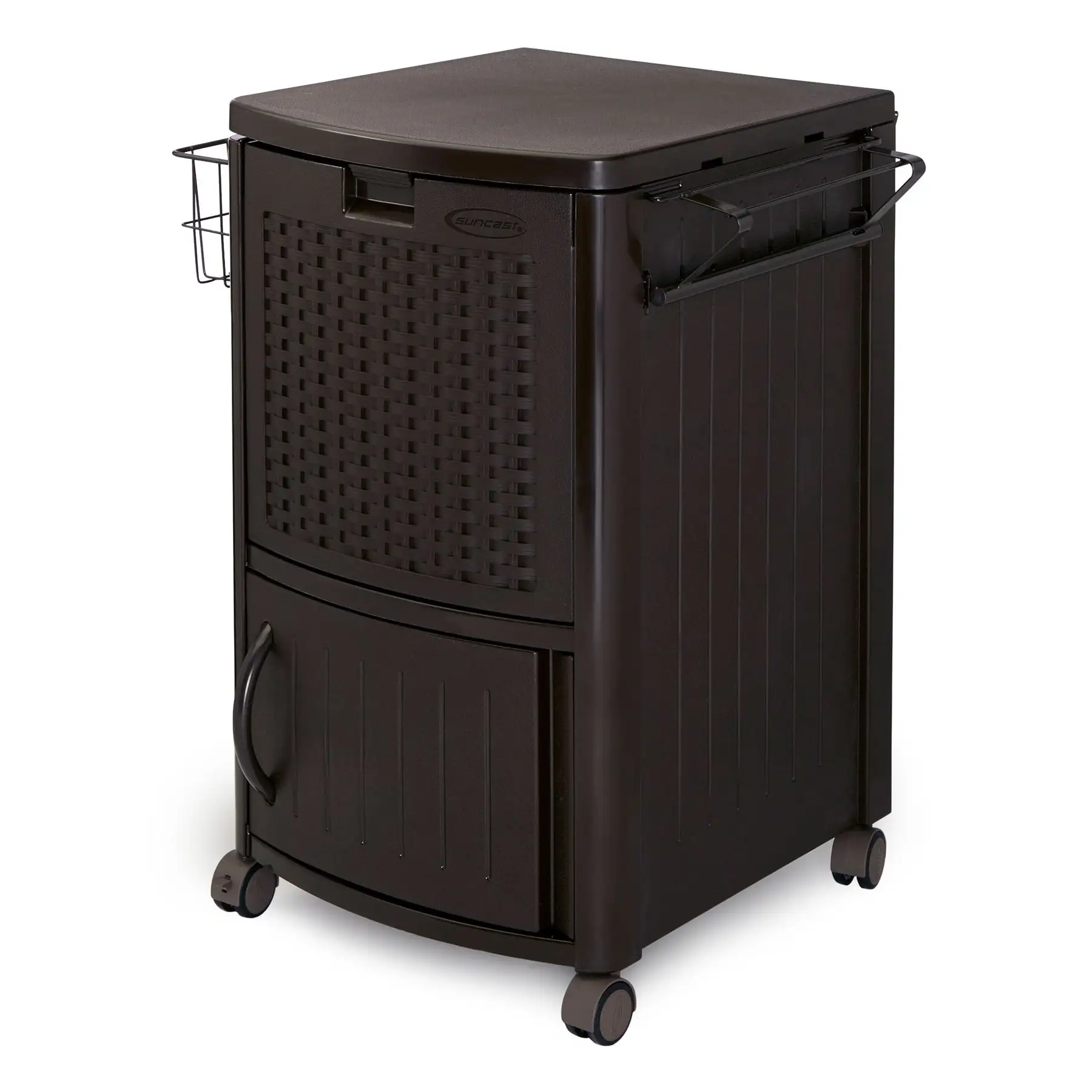 Suncast DCCW3000D 77 Quart Resin Wicker Patio Cooler with Cabinet & Wire Basket