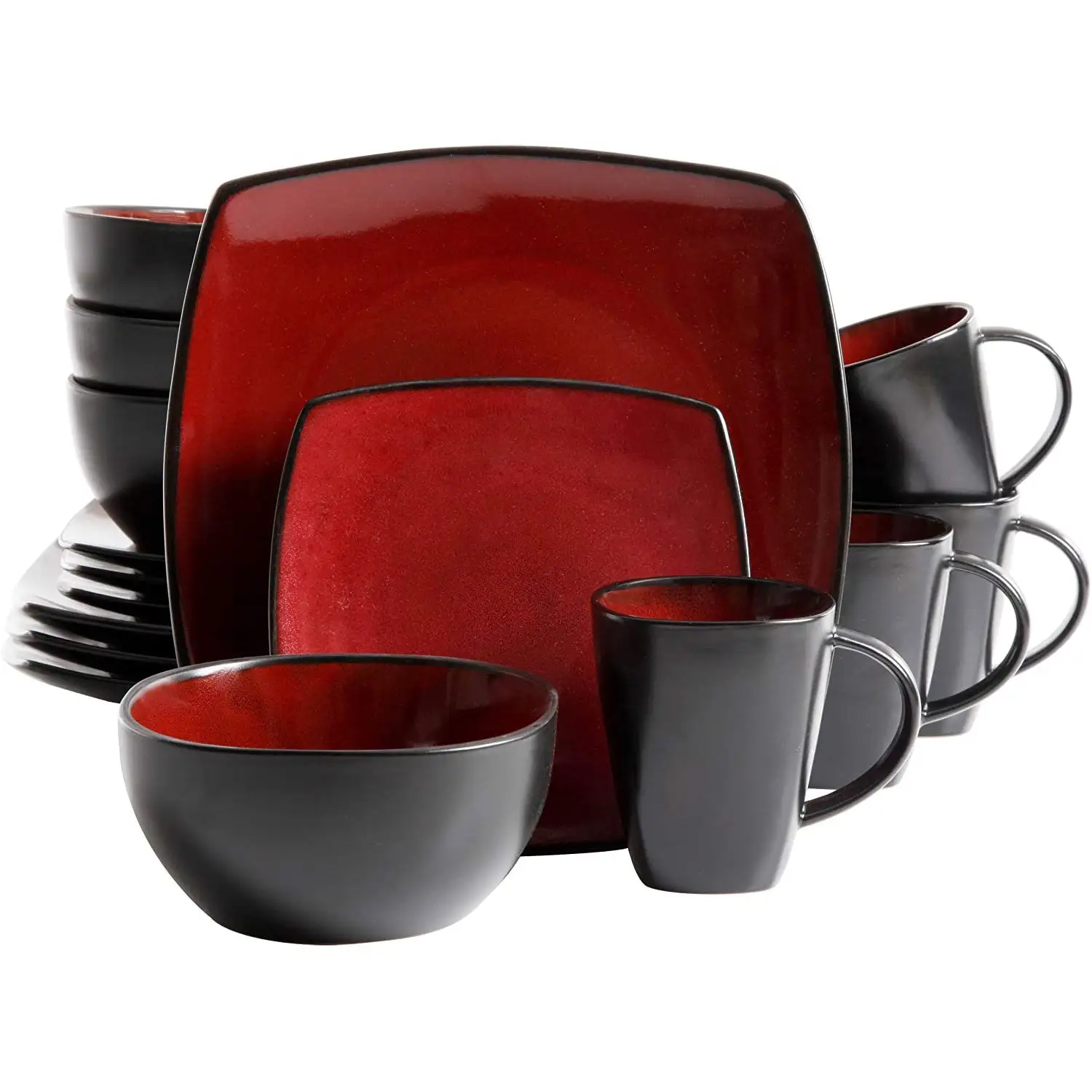 Gibson Soho Lounge 16 Piece Reactive Glaze Dinnerware Plates, Bowls, & Mugs, Red