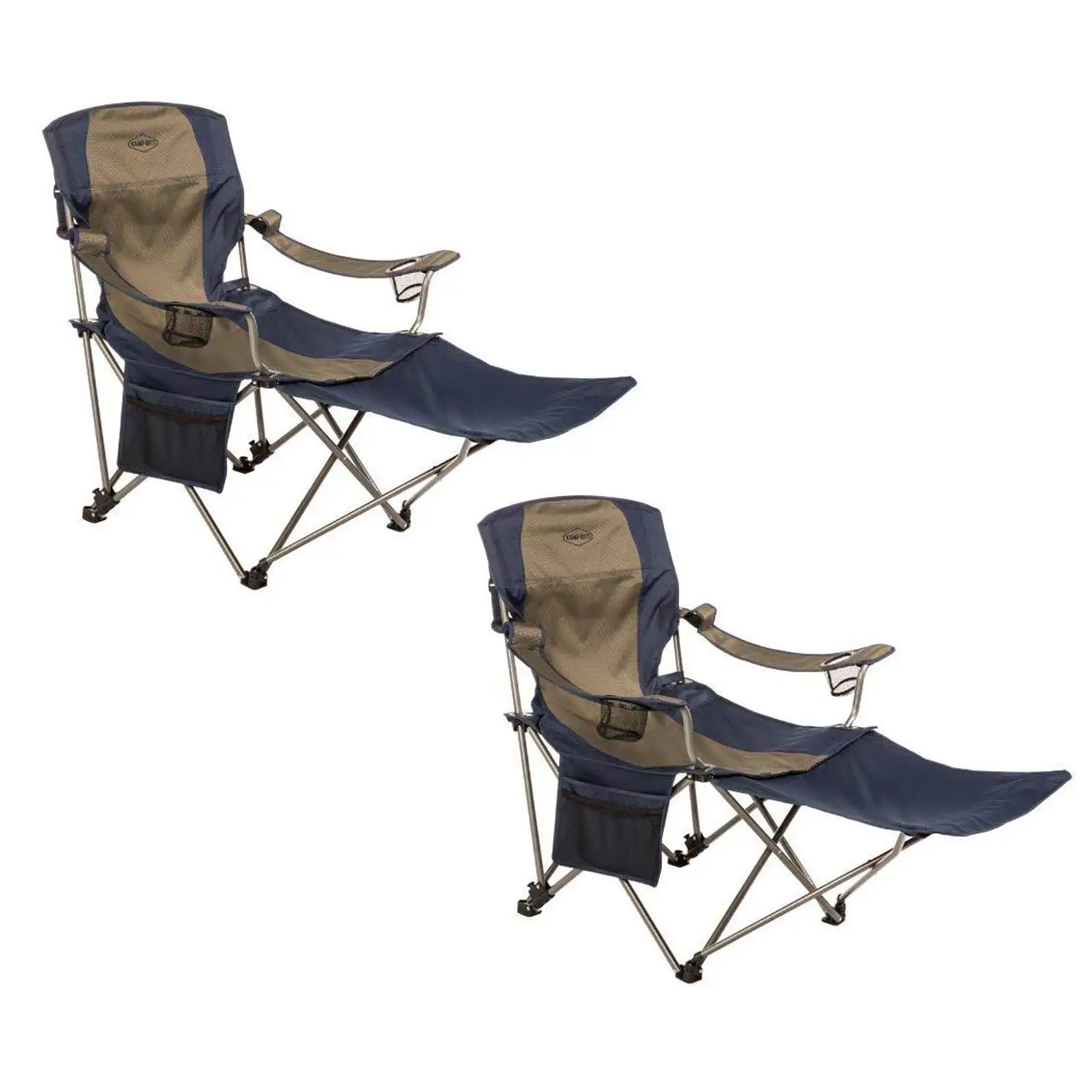 Kamp-Rite Outdoor Folding Lounge Chair w/ Detachable Footrest, Blue/Tan (2 Pack)