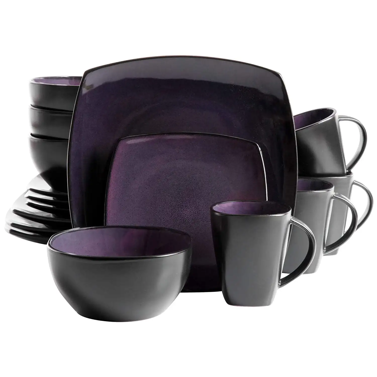 Gibson Elite Soho Lounge 16 Piece Plates, Bowls, & Mugs Dinnerware Set, Purple