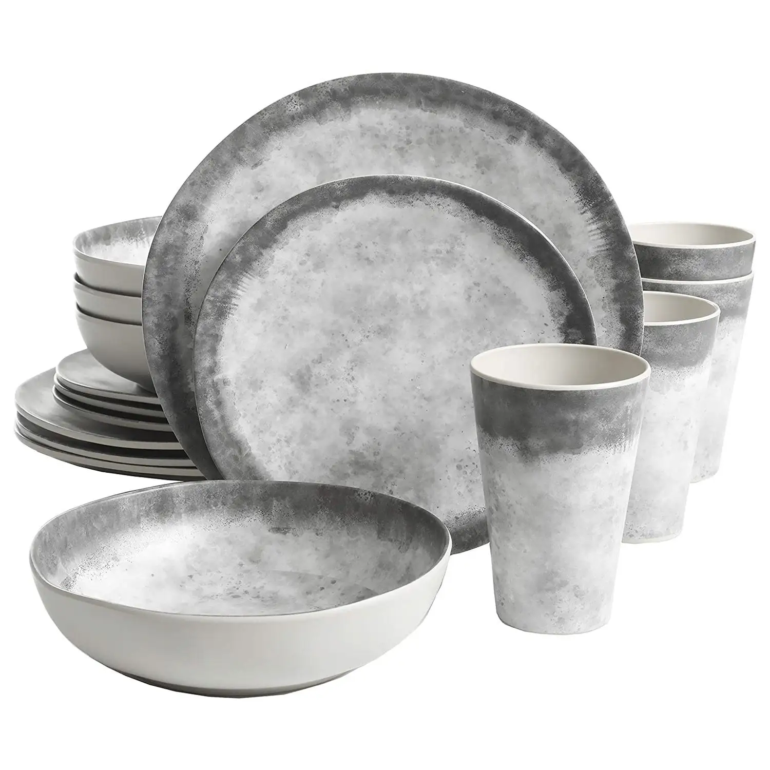 Gibson Home Granite 16 Piece Round Melamine Plate, Bowl, & Cup Dinnerware Set