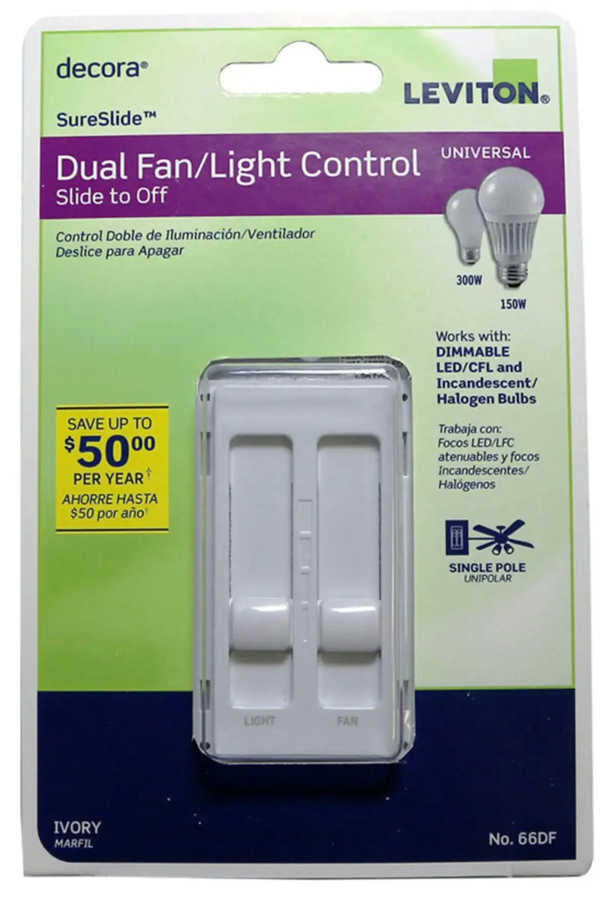 Leviton 66DF-I Decora SureSlide Fan/Light Dimmer Switch