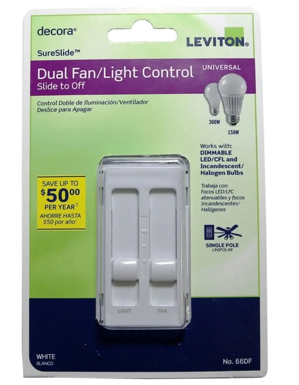 Leviton 66DF-W Decora SureSlide Fan/LED Dimmer Slide Switch