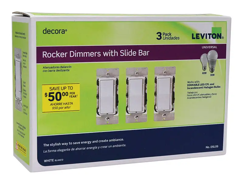 Leviton DSL06-3PW Decora Rocker Dimmer With Slide Bar