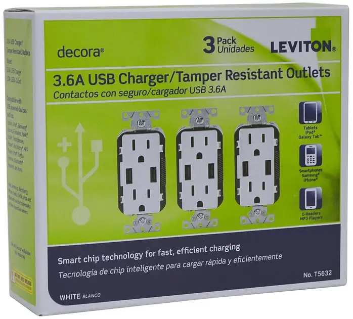 Leviton T5632-3BW Decora Receptacle & USB Charger