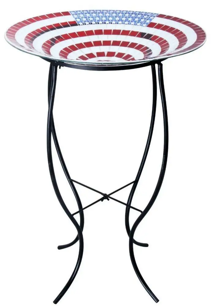 Alpine GRS472A-18 Mosaic American Flag Glass Birdbath With Metal Stand