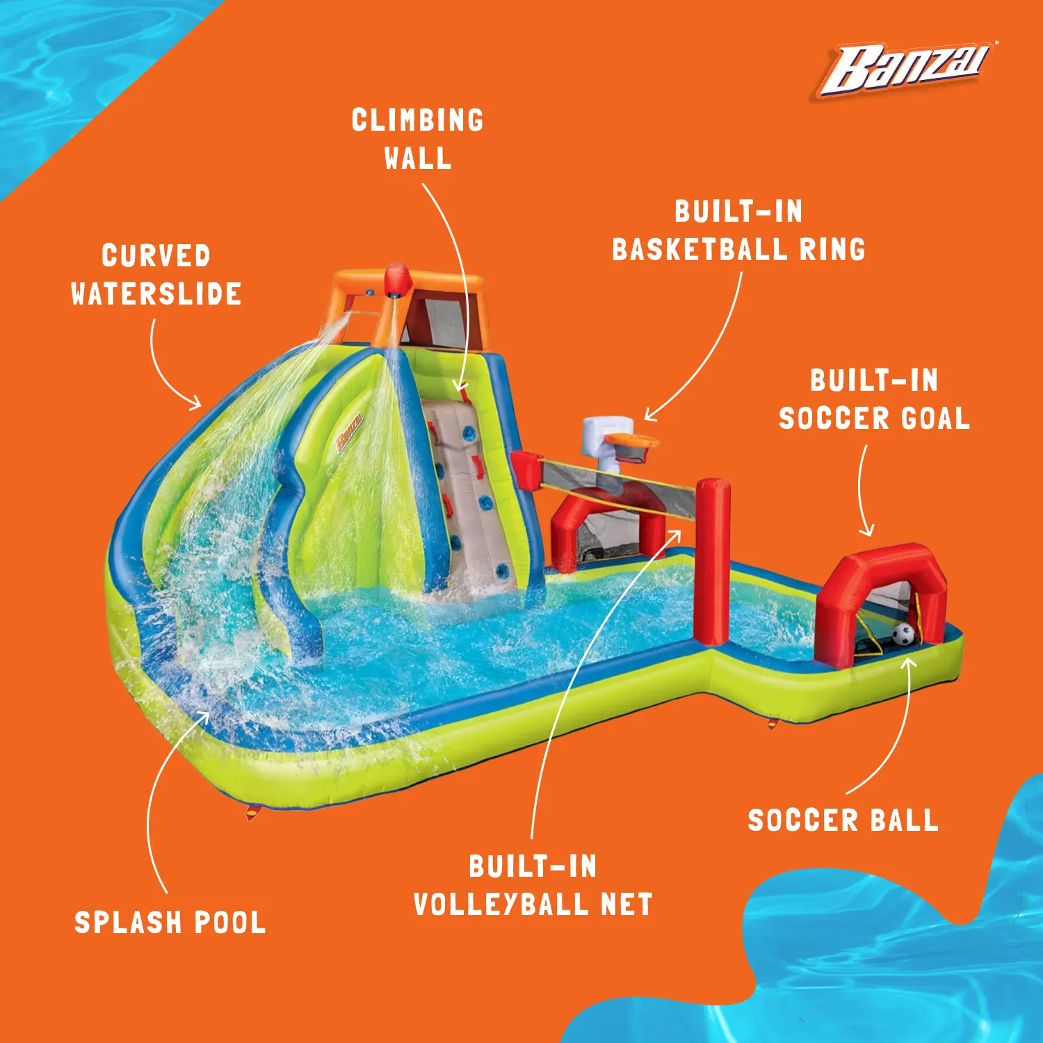 Banzai Aqua Sports Kids Inflatable Outdoor Backyard Water Slide Splash Park - Image 2