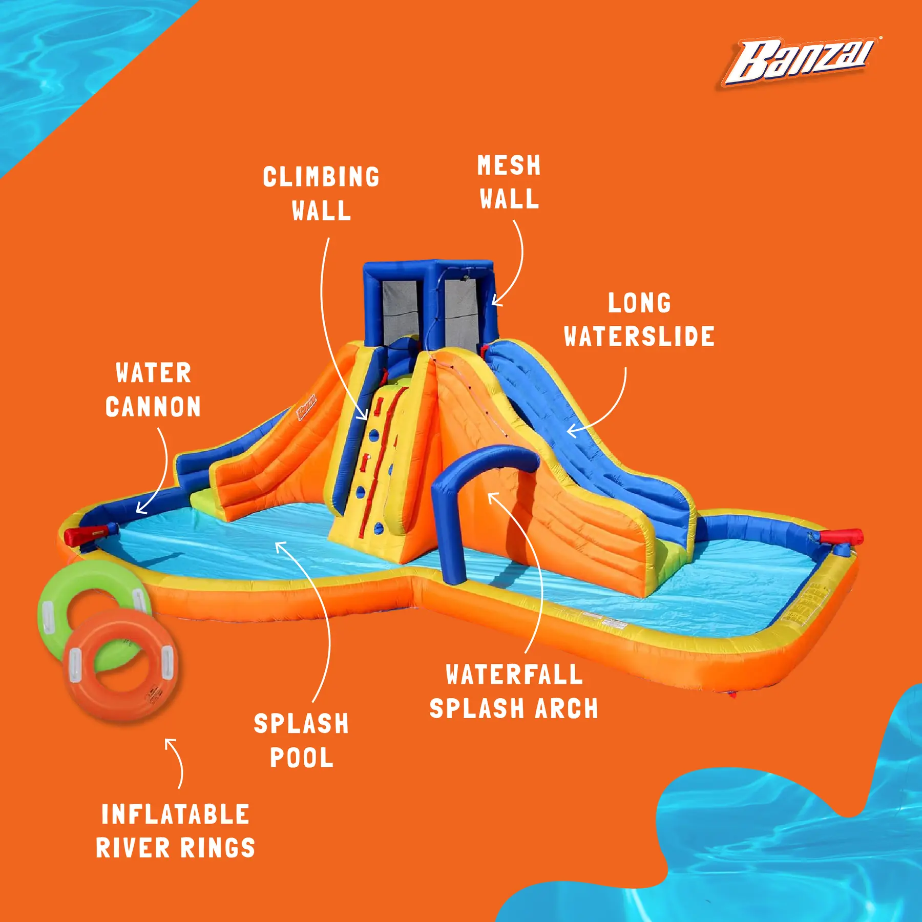 Banzai Rapid Falls Dual Slides Outdoor Water Park Climbing Rope Lagoon, Ages 5+ - Image 3