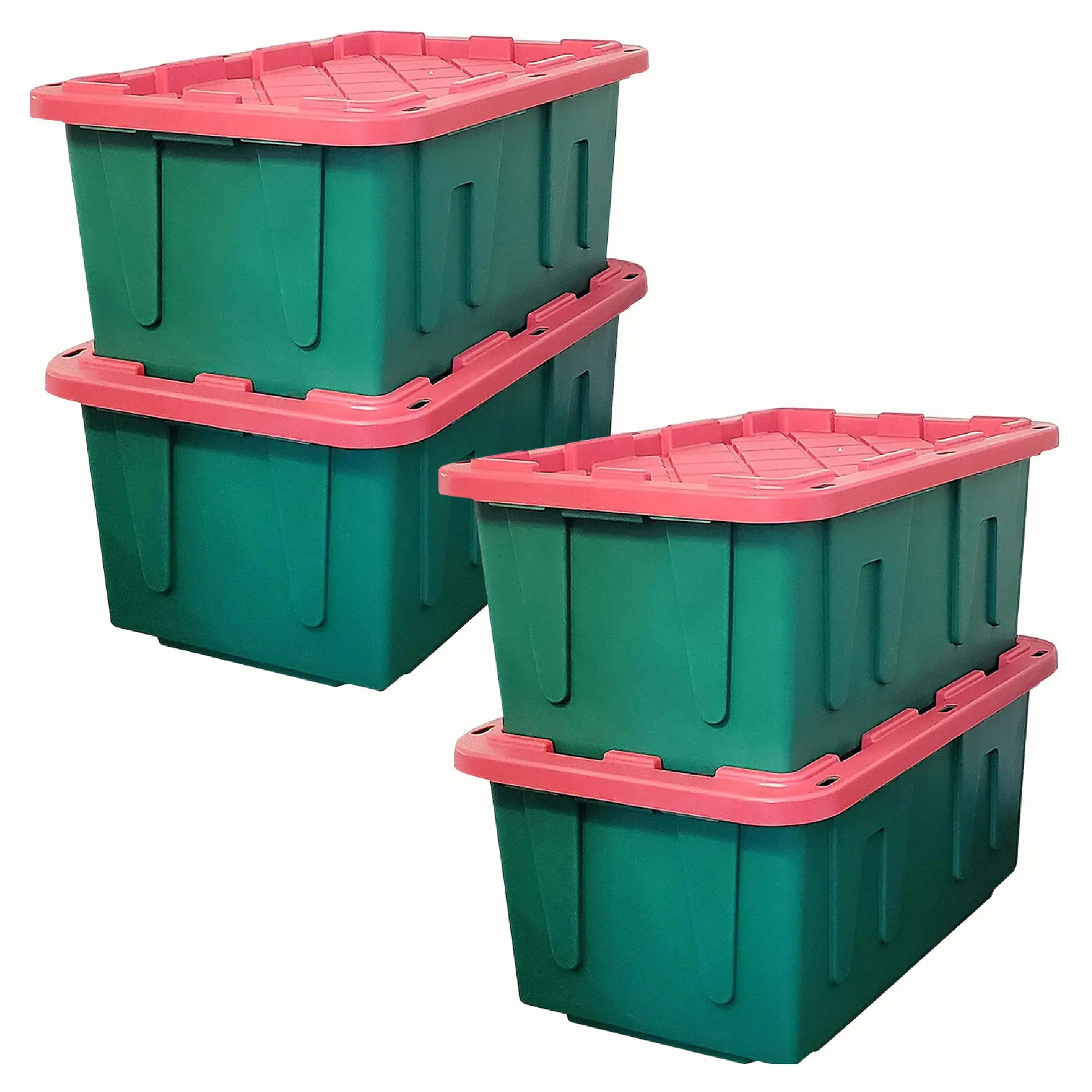 HOMZ Durable 27 Gallon Heavy Duty Holiday Storage Tote, Green/Red, (4 Pack)