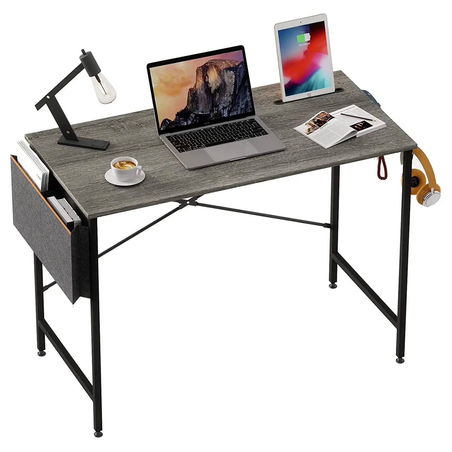 Bestier Computer Office Desk Workstation with Storage Bag & Hook, Gray, 39 Inch