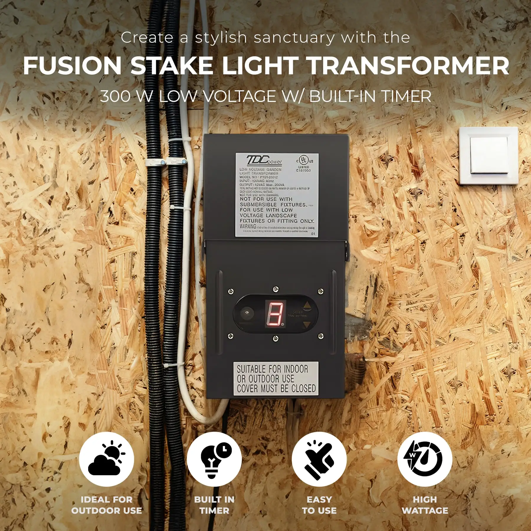 Fusion 300 Watts Low Voltage Stake Light Transformer with Built-In Timer, Black