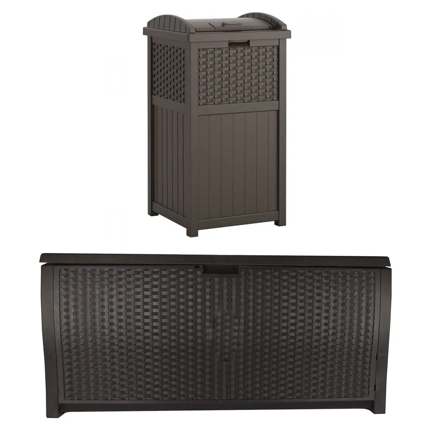 Suncast Trash Hideaway Resin Wicker Style Garbage Bin & 99 Gallon Deck Box, Java